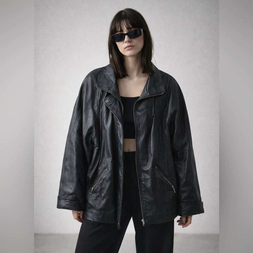 Wilda Leather Jacket Womens 2X‎ Black Genuine Leather Zip Front Pockets Coat